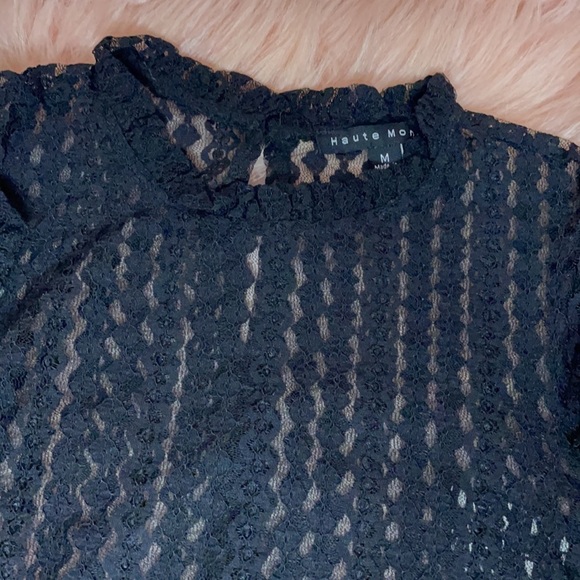 New Trendy Brick Color Sheer Crochet Mock Neck Long Sleeve Blouse - Picture 16 of 17